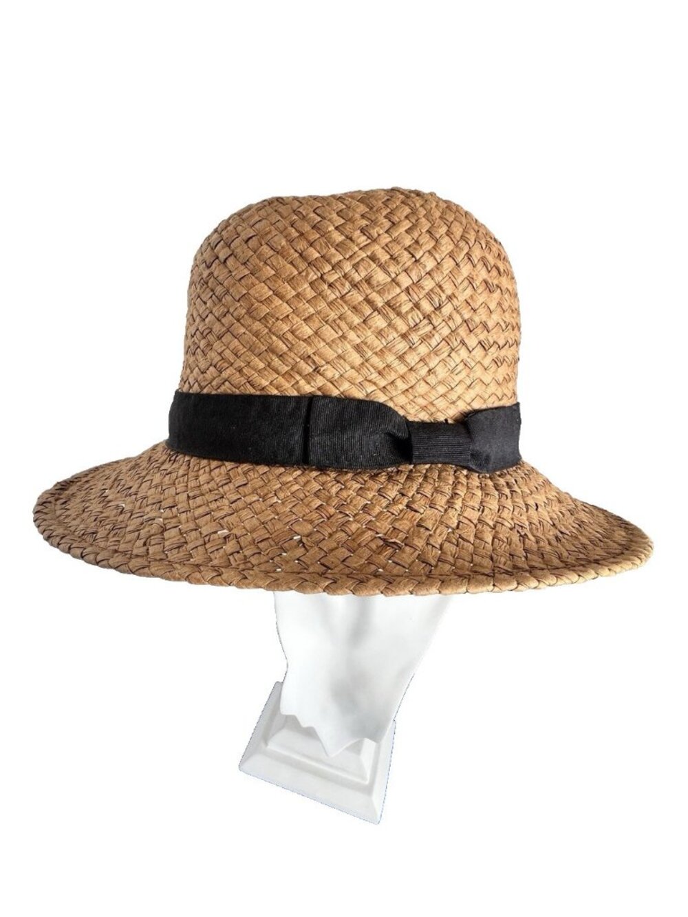 Women's Paper Straw Hat Size L/XL Wide Brim Natural Woven Black Grosgrain Band